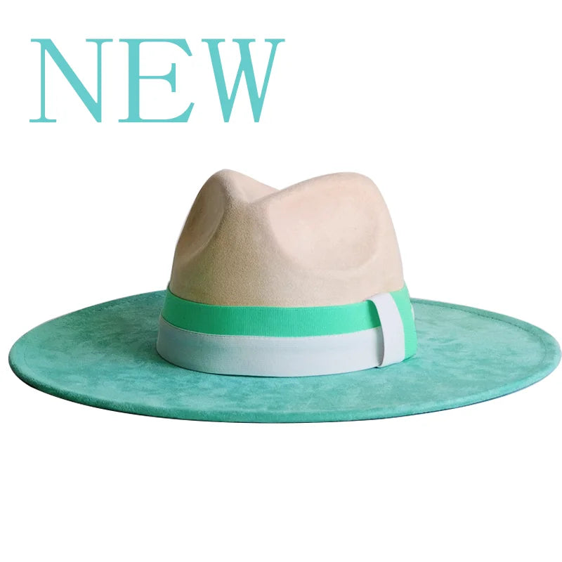 Colorblock Ribbon Colorful Suede Hat Autumn and Winter Women's Felt Hat Wide Brim Hat British Style Retro Men's Gorras Hombre
