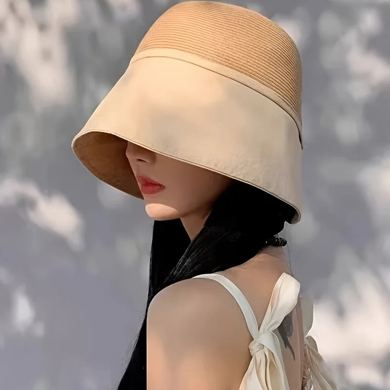 1pc Women's Versatile Patchwork Straw Hat with Pocket Scarf,Travel Sunshade Dome Wide Brim Face Cover Bucket Hat for Beach,party