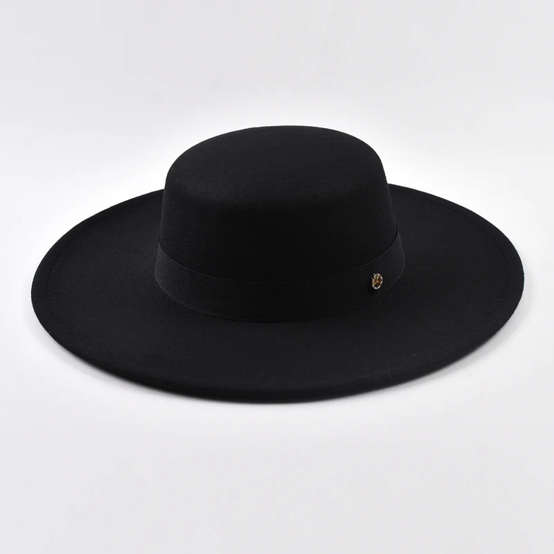 French Style Fedora Hat for Women Autumn Winter 10CM Wide Brim Flat Top Felt Hat Fashion Derby Wedding Jazz Hats