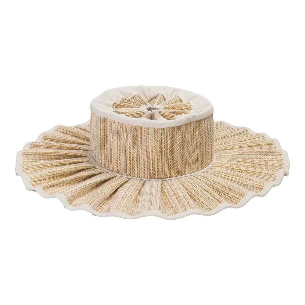 Y2K Parent-Child Summer Reversible Pleated Sun Hats for Women Casual Straw Hat Outdoor Beach Shade Straps Lady Gorras Para Mujer
