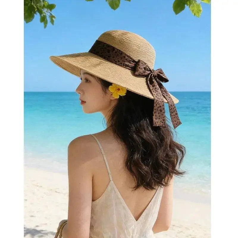 Leopard Print Bow Straw Hat – Beach and Seaside Holiday Hat for Women: Summer Outdoor Sun Hat for Sun Protection