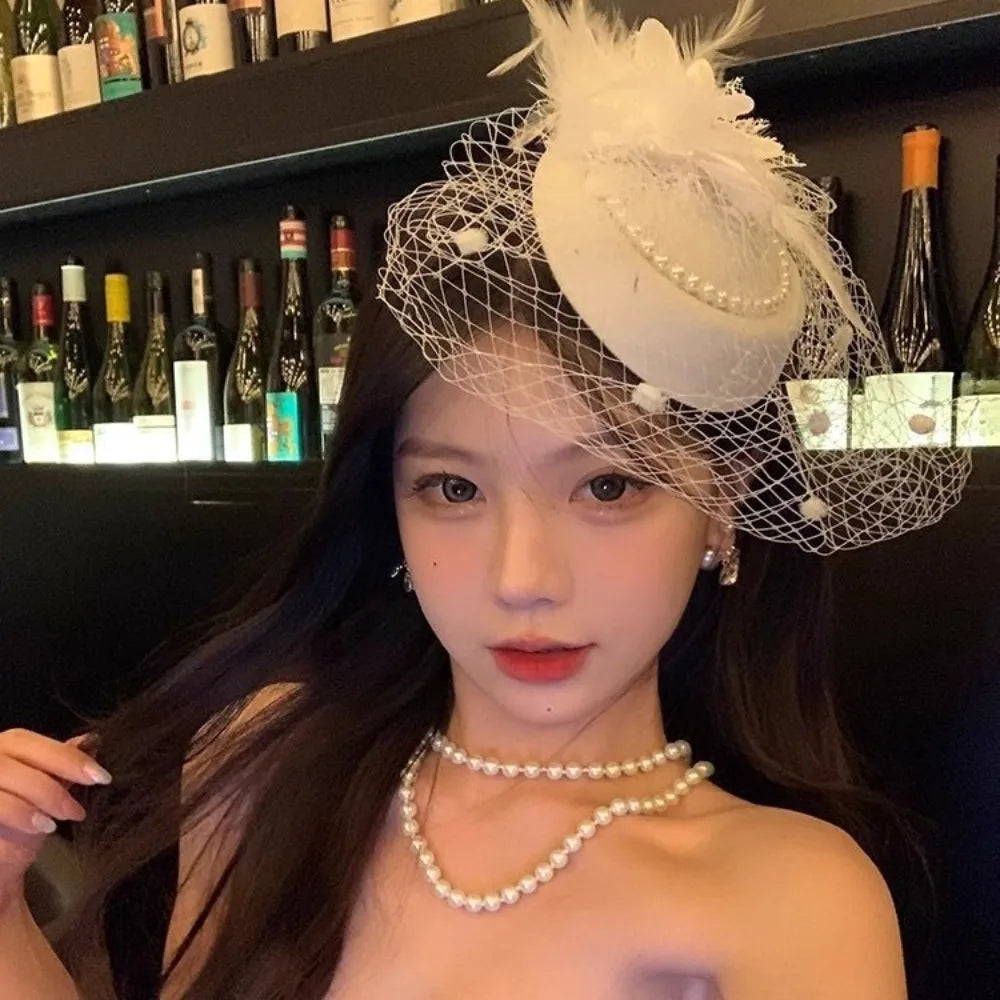 New Elegant Bridal Headwear Pearl Flower Mesh Wedding Veil Hat Temperament Vintage Pillbox Hats For Women