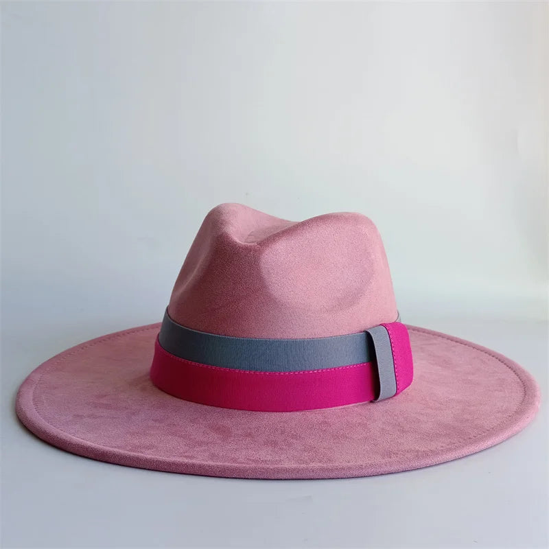 Colorblock Ribbon Colorful Suede Hat Autumn and Winter Women's Felt Hat Wide Brim Hat British Style Retro Men's Gorras Hombre