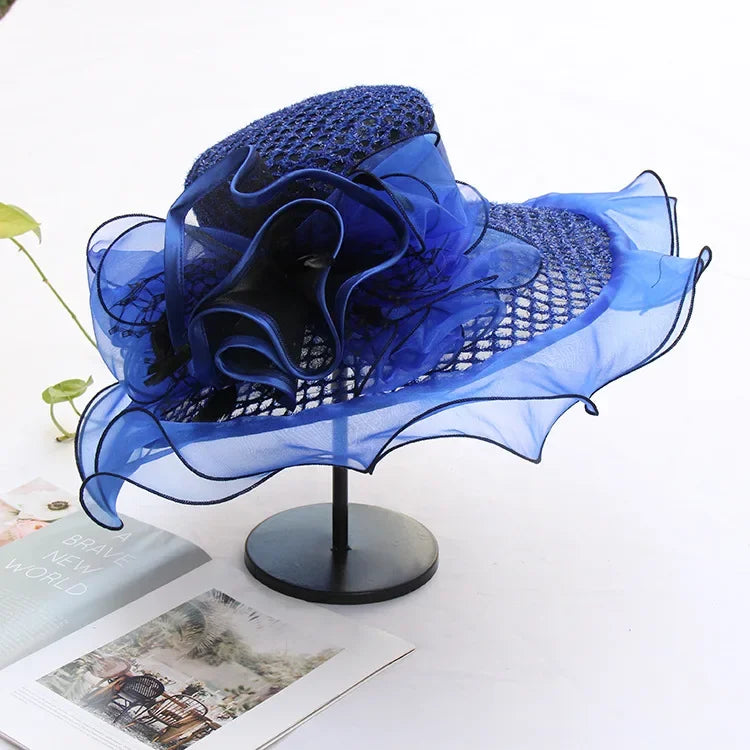 New Arrival Women's Summer Sun Hat, Wide Brim Organza Mesh Lurex Flower, Thin Beach Sun Hat