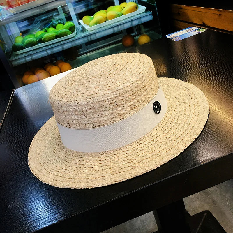 2026 Letter Raffia Boater Hats Women Summer Hat with Ribbon Band Flat Top Sun Hat Wide Brim   Ladies Canotier Beach Hat