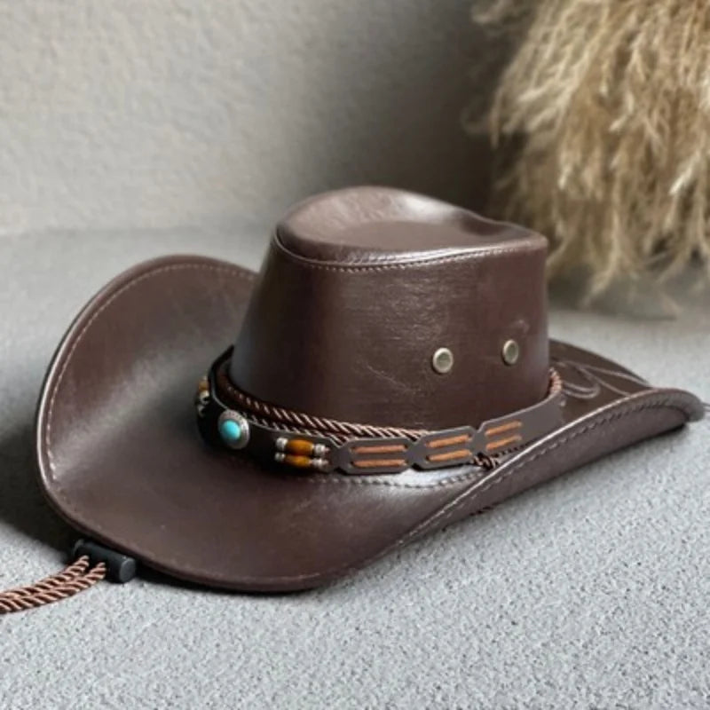 New Faux Leather Western Cowboy Hats for Women Men Vintage Gentleman Dress Hats Panama Cowgirl Jazz Cap Sombrero Hombre