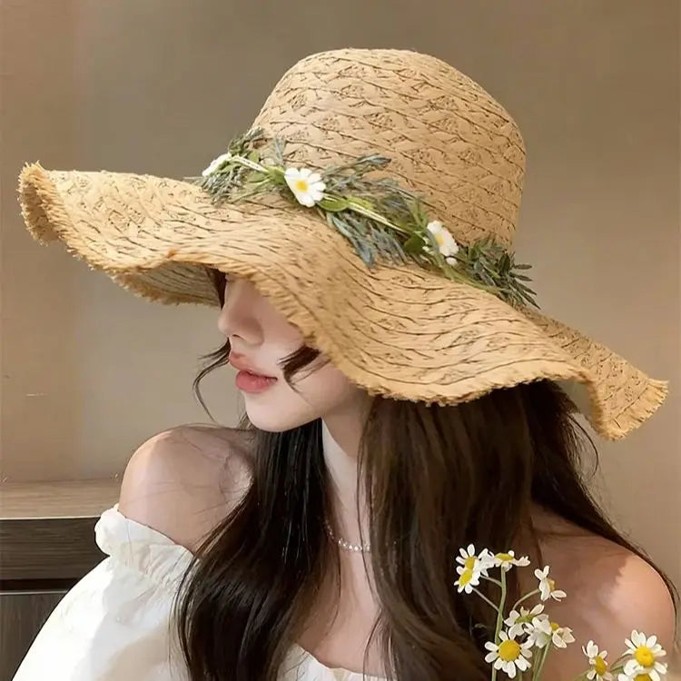 Women's Summer Rustic Daisy Wreath Straw Hat – Versatile Wide-Brimmed Sun Hat for Outings and Holidays