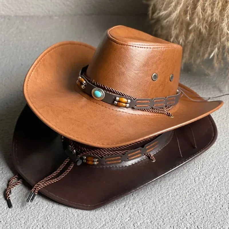 New Faux Leather Western Cowboy Hats for Women Men Vintage Gentleman Dress Hats Panama Cowgirl Jazz Cap Sombrero Hombre