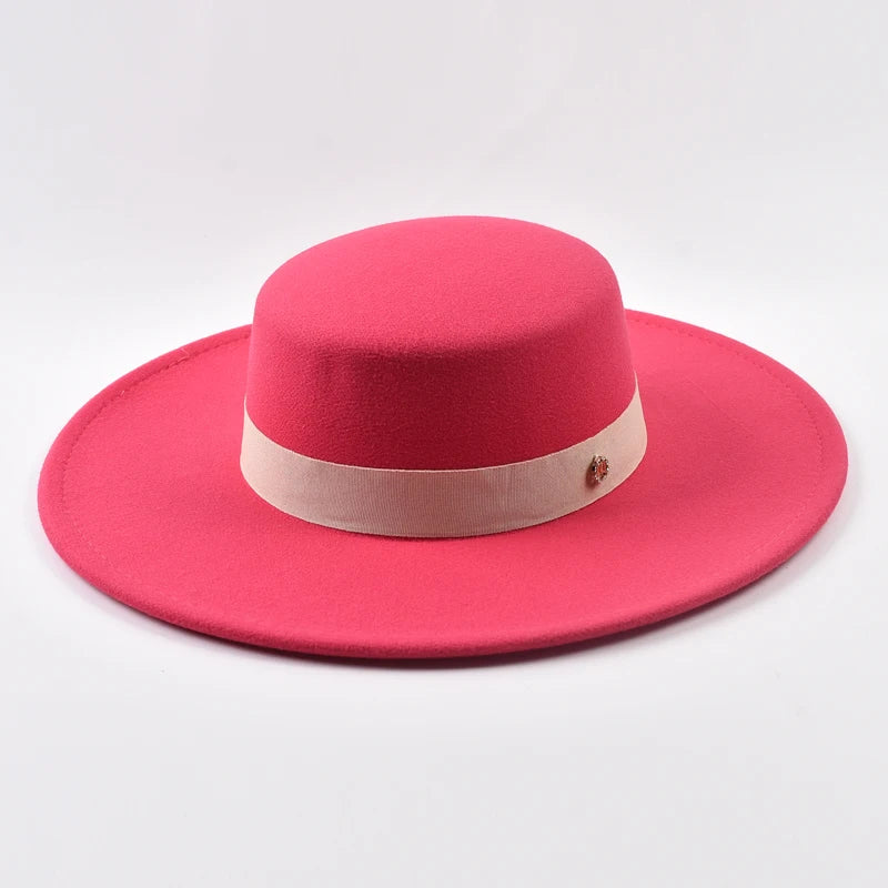French Style Fedora Hat for Women Autumn Winter 10CM Wide Brim Flat Top Felt Hat Fashion Derby Wedding Jazz Hats