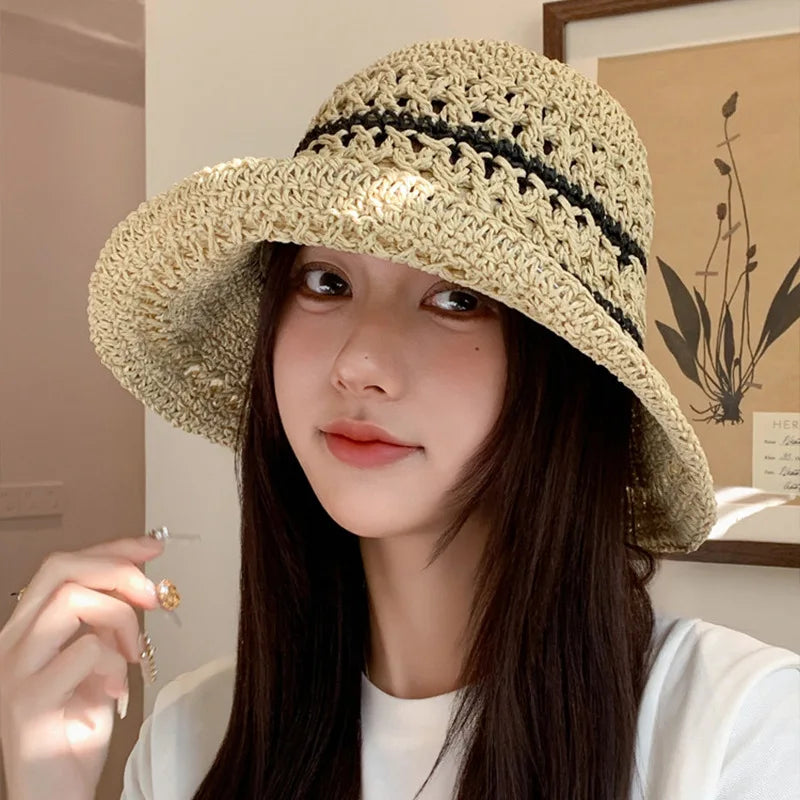 Striped Openwork Knitted Straw Hat: Breathable Fisherman's Hat for Women – Ideal for Beach Holidays, Leisure and Sun Protection