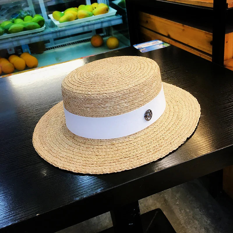 2026 Letter Raffia Boater Hats Women Summer Hat with Ribbon Band Flat Top Sun Hat Wide Brim   Ladies Canotier Beach Hat
