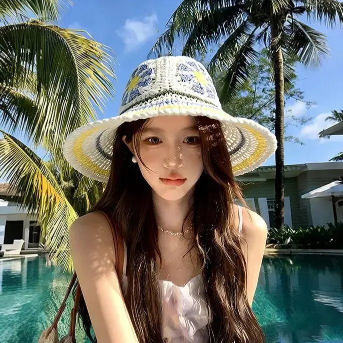 Summer Dopamine-inspired Ethnic-style Sun Hat Women Fashionable Boater Hat with Wide Brim for Outings
