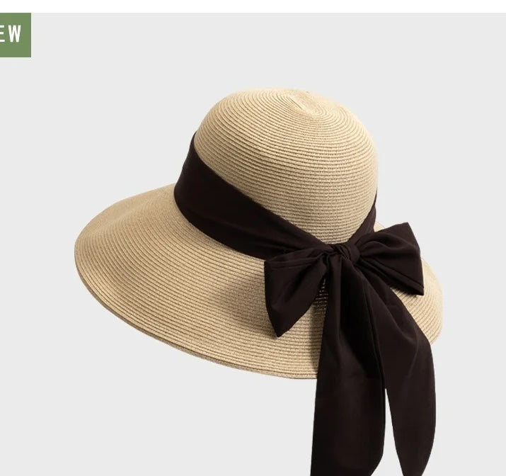 Summer Wide-Brimmed Sun Hat with Bow Ribbon Holiday Outing Sun Protection Straw Fisherman's Hat