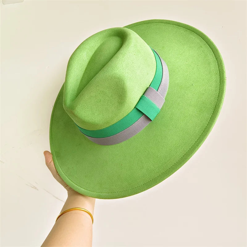 Colorblock Ribbon Colorful Suede Hat Autumn and Winter Women's Felt Hat Wide Brim Hat British Style Retro Men's Gorras Hombre