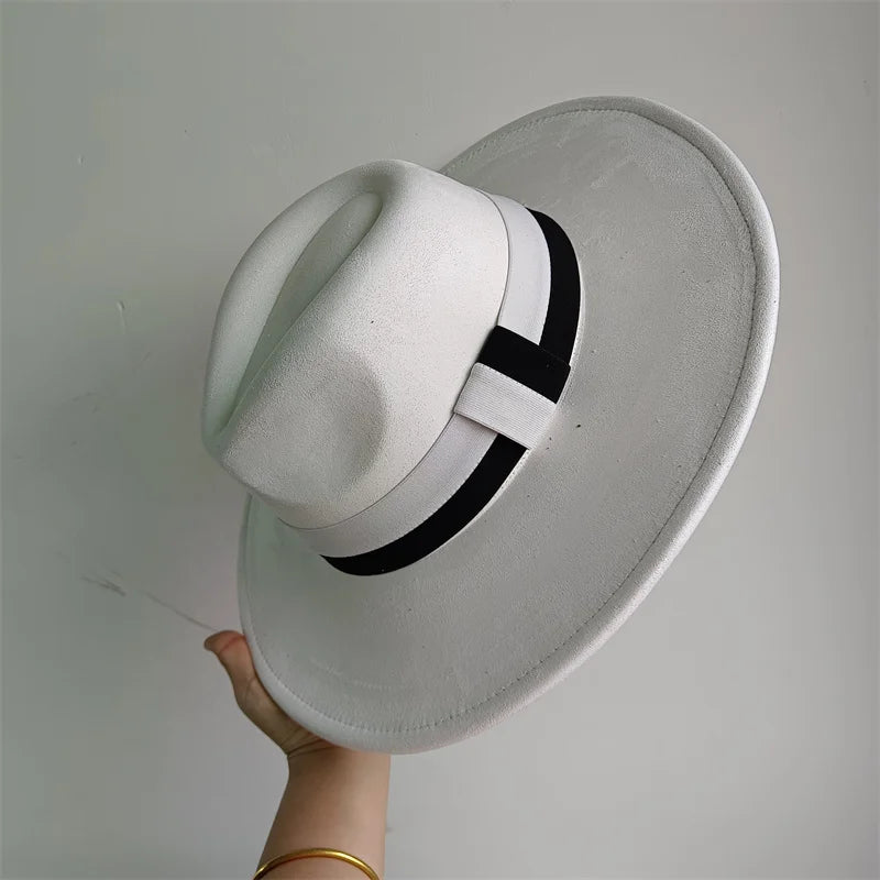 Colorblock Ribbon Colorful Suede Hat Autumn and Winter Women's Felt Hat Wide Brim Hat British Style Retro Men's Gorras Hombre