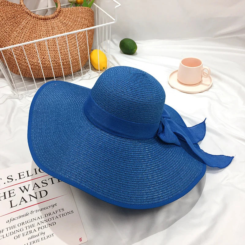 Women Summer Beach Travel Straw Hat Korean Seaside Big Hat Brim Sunblock Sunshade Holiday Foldable Fashion Big Cool Hat