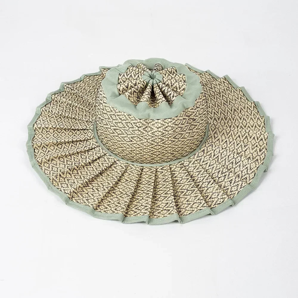 Y2K Parent-Child Summer Reversible Pleated Sun Hats for Women Casual Straw Hat Outdoor Beach Shade Straps Lady Gorras Para Mujer