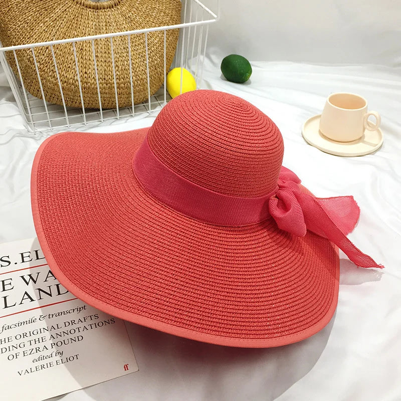Women Summer Beach Travel Straw Hat Korean Seaside Big Hat Brim Sunblock Sunshade Holiday Foldable Fashion Big Cool Hat