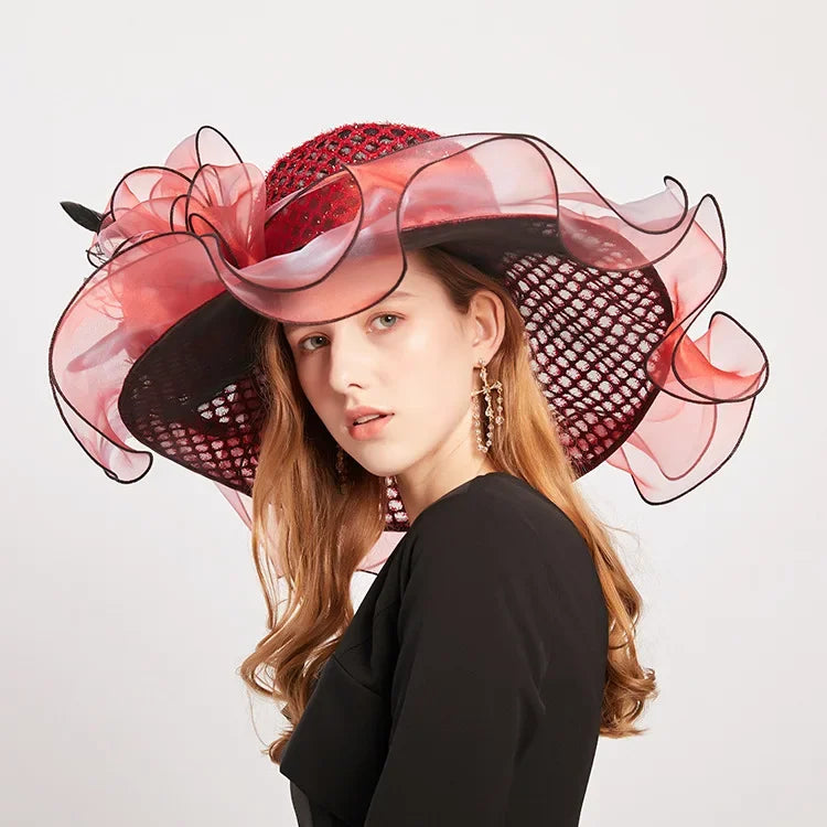 New Arrival Women's Summer Sun Hat, Wide Brim Organza Mesh Lurex Flower, Thin Beach Sun Hat