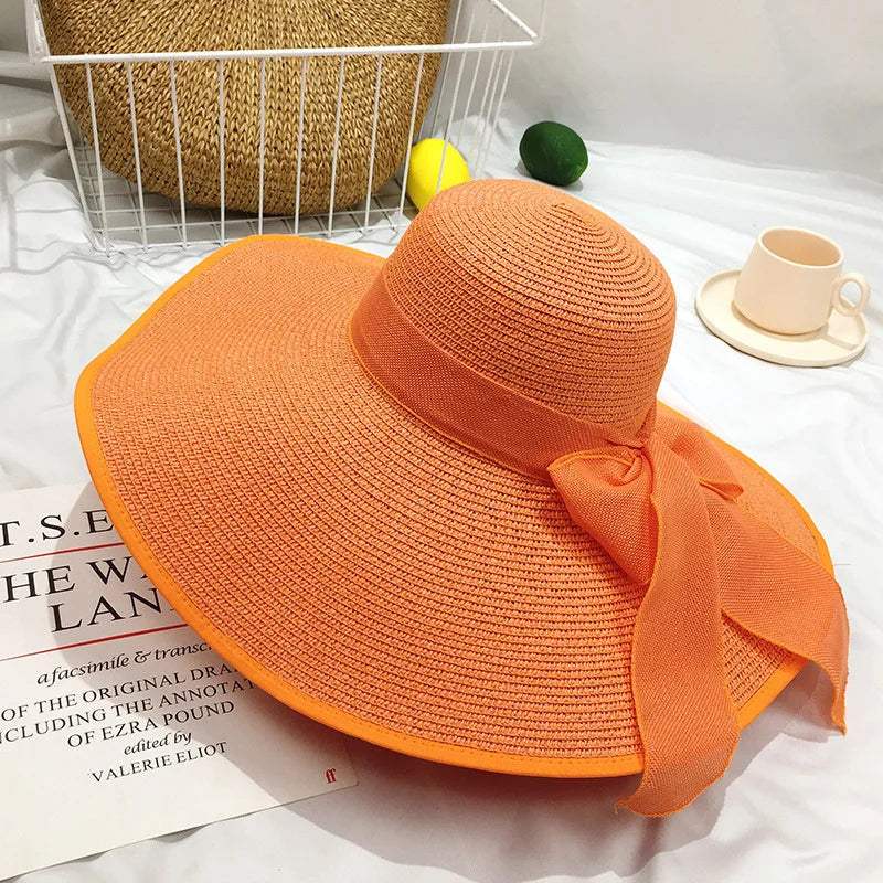Women Summer Beach Travel Straw Hat Korean Seaside Big Hat Brim Sunblock Sunshade Holiday Foldable Fashion Big Cool Hat