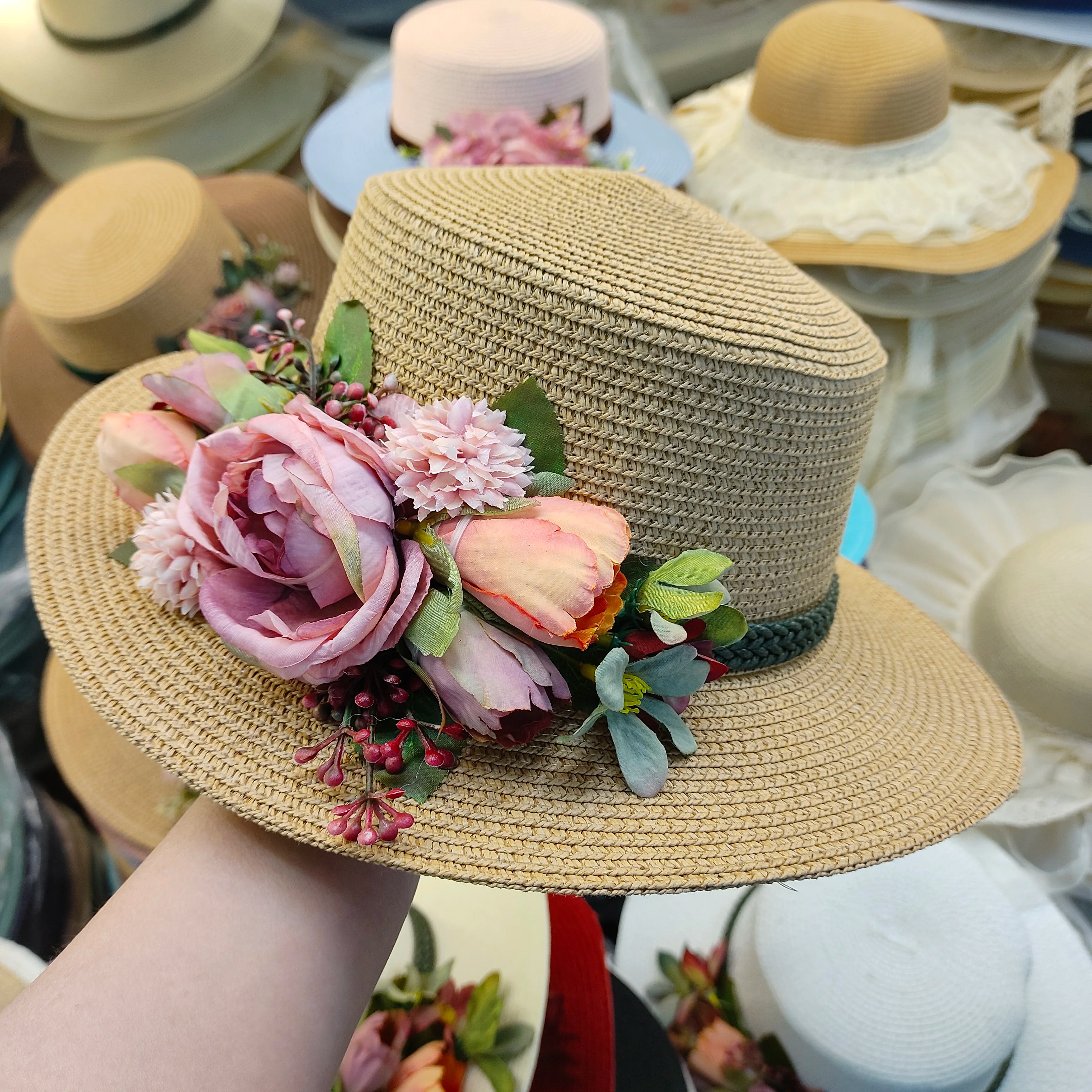 flower hat sunscreen women's flat hat beach hat Barrel cap sun hat spring summer outdoor breathable sunshade straw hat wholesale