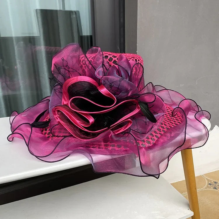 New Arrival Women's Summer Sun Hat, Wide Brim Organza Mesh Lurex Flower, Thin Beach Sun Hat