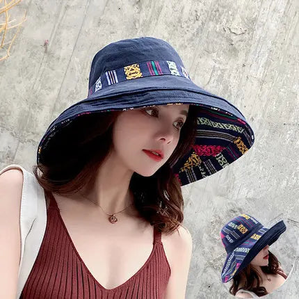 Hat women's summer big edge double-sided sunshade bucket hat Korean version versatile ethnic style travel sun protection Cap