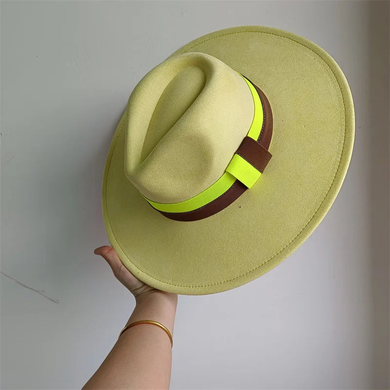 Colorblock Ribbon Colorful Suede Hat Autumn and Winter Women's Felt Hat Wide Brim Hat British Style Retro Men's Gorras Hombre