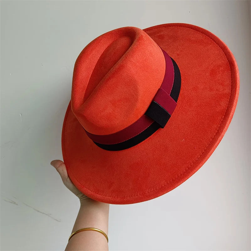 Colorblock Ribbon Colorful Suede Hat Autumn and Winter Women's Felt Hat Wide Brim Hat British Style Retro Men's Gorras Hombre
