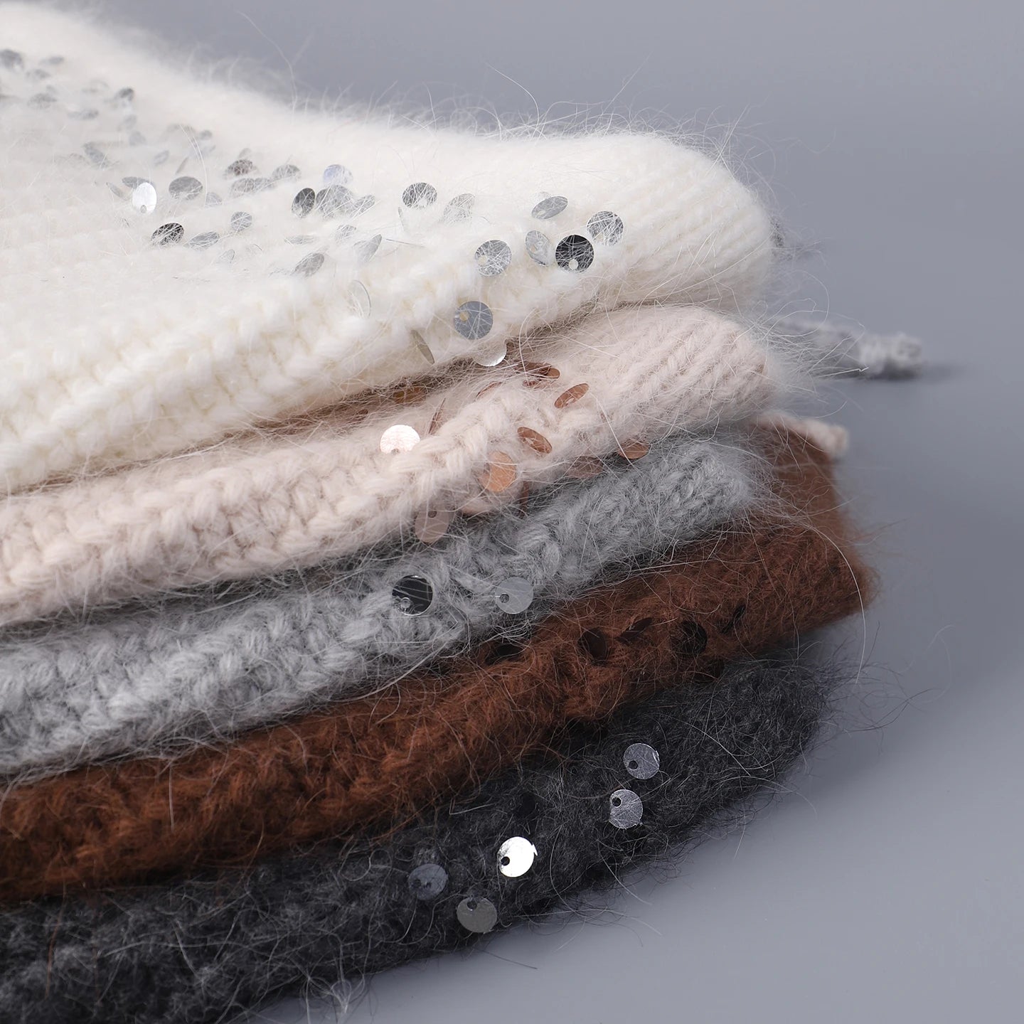 Sequined Knitted Rabbit Fur Blended Split Design Woolen Bomber Cap Women Winter Warmth Outdoor Protection Ear Knitted Beanie Cap