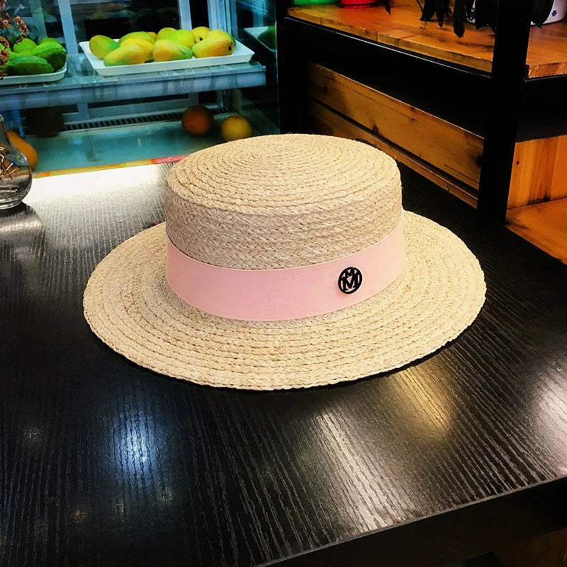 2026 Letter Raffia Boater Hats Women Summer Hat with Ribbon Band Flat Top Sun Hat Wide Brim   Ladies Canotier Beach Hat