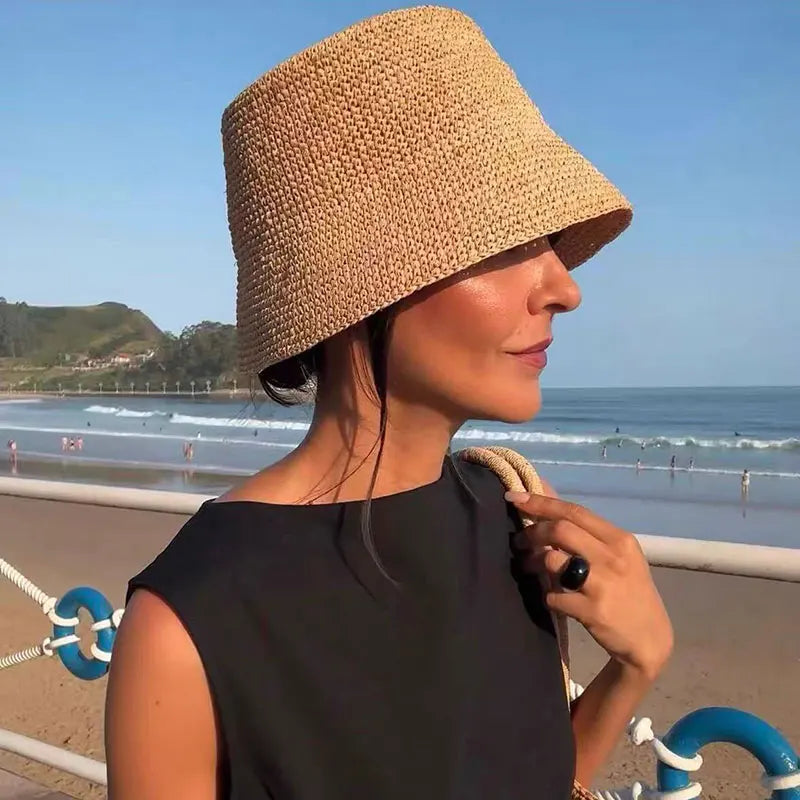 Fashion Raffia Fine Needle Luxury Bucket Hat For Women Summer Sun Shading Fisherman Hat Designer Wide Brim Basin Hat K Pop