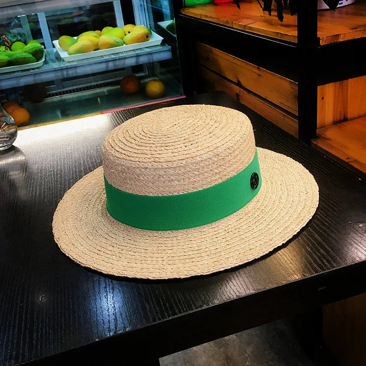 2026 Letter Raffia Boater Hats Women Summer Hat with Ribbon Band Flat Top Sun Hat Wide Brim   Ladies Canotier Beach Hat