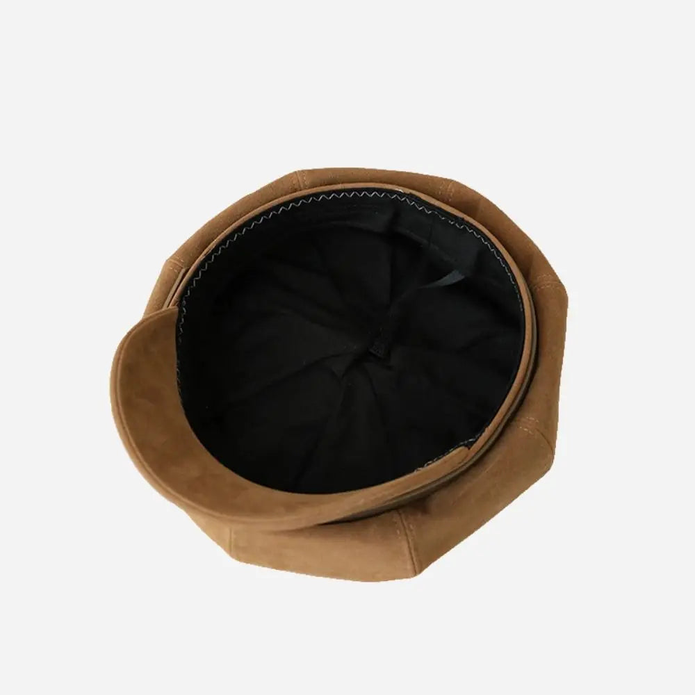 Personality British Style Pu Leather Beret Belt Buckle Brown Suede Octagonal Hat Artist Hat Korean Style Painter Hat Ladies