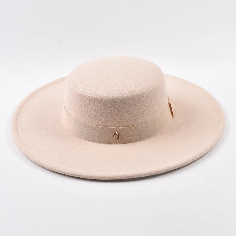 French Style Fedora Hat for Women Autumn Winter 10CM Wide Brim Flat Top Felt Hat Fashion Derby Wedding Jazz Hats