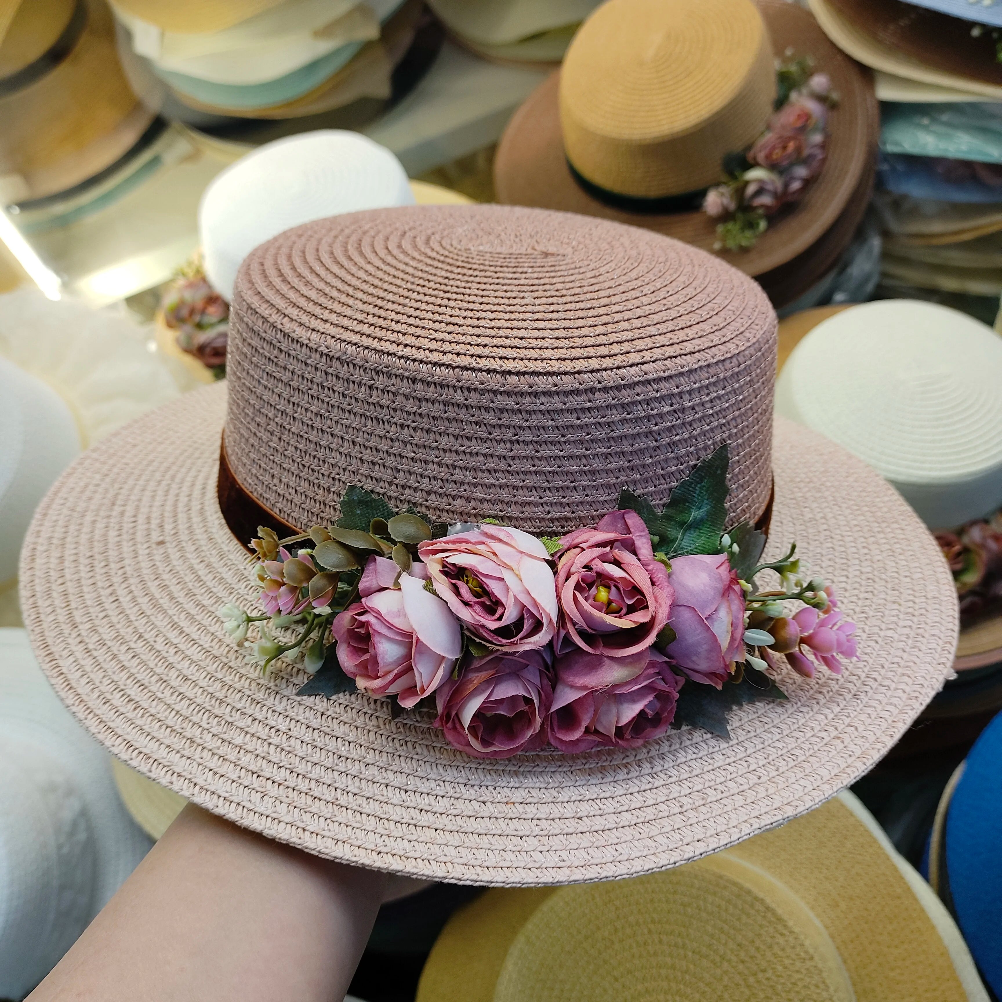 flower hat sunscreen women's flat hat beach hat Barrel cap sun hat spring summer outdoor breathable sunshade straw hat wholesale