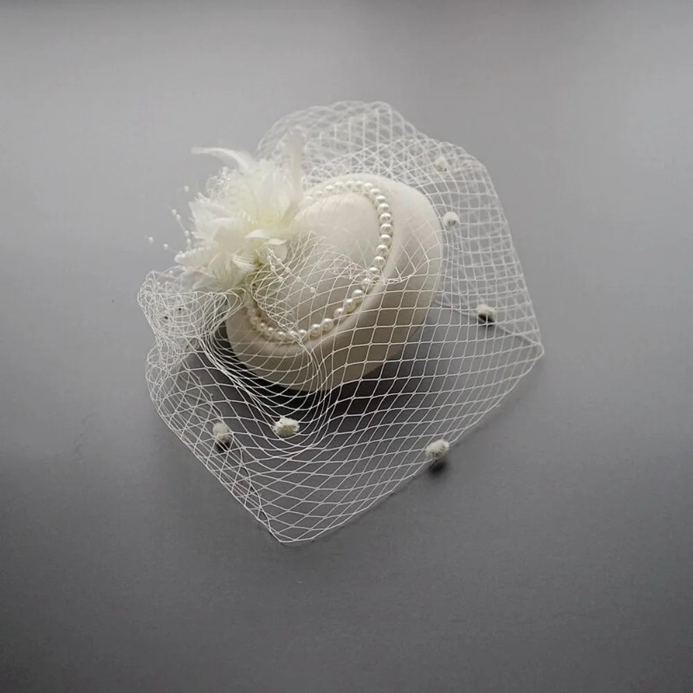 New Elegant Bridal Headwear Pearl Flower Mesh Wedding Veil Hat Temperament Vintage Pillbox Hats For Women