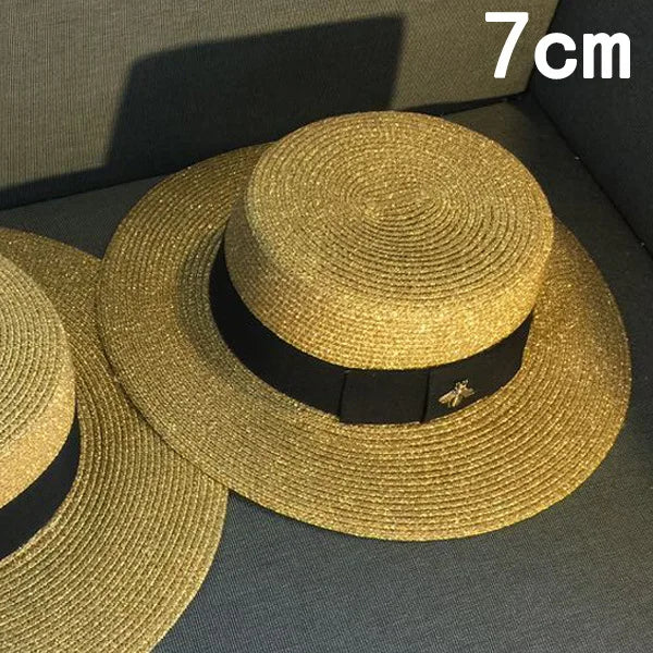 Ladies Sun Fedora Hats Hepburn hat Shiny Straw Hat European American Retro Gold Braided Female Sunshade Flat Sequins Hat