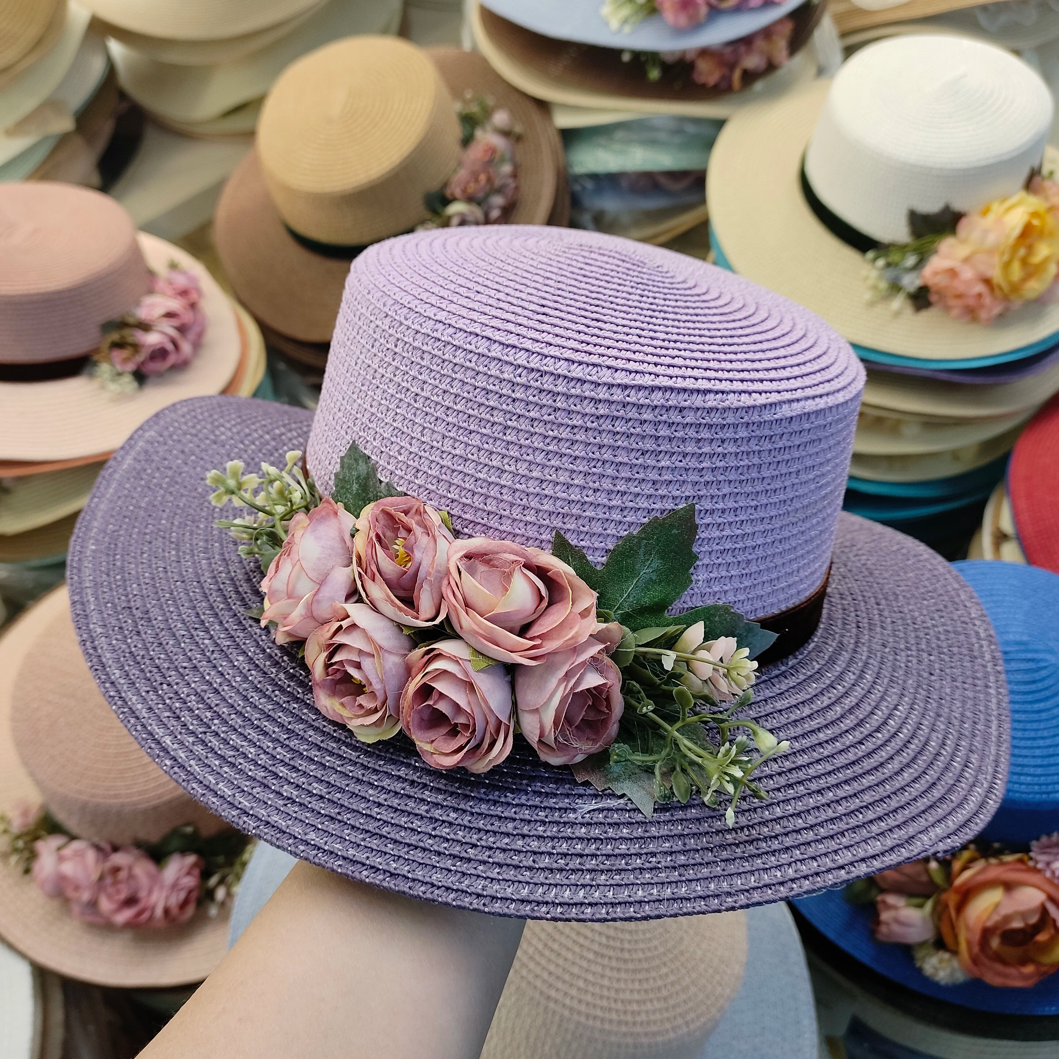 flower hat sunscreen women's flat hat beach hat Barrel cap sun hat spring summer outdoor breathable sunshade straw hat wholesale