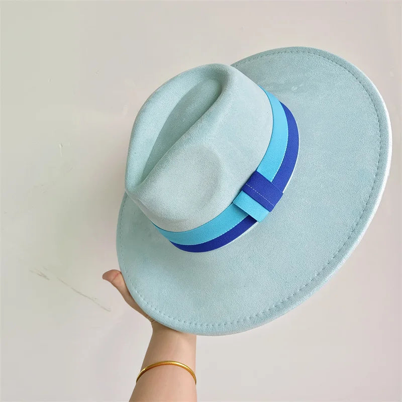Colorblock Ribbon Colorful Suede Hat Autumn and Winter Women's Felt Hat Wide Brim Hat British Style Retro Men's Gorras Hombre