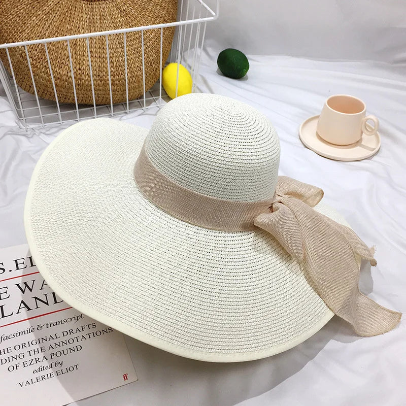 Women Summer Beach Travel Straw Hat Korean Seaside Big Hat Brim Sunblock Sunshade Holiday Foldable Fashion Big Cool Hat