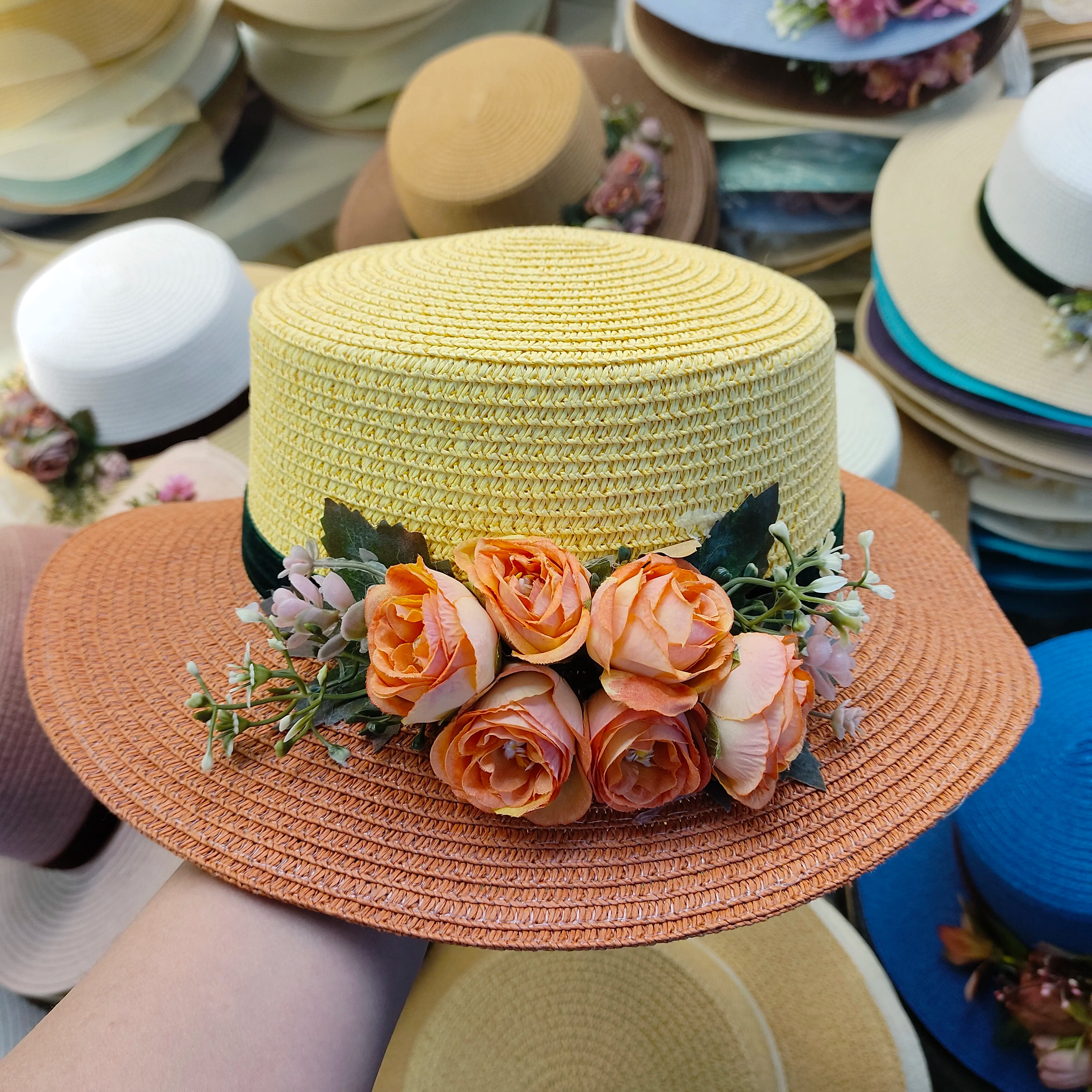 flower hat sunscreen women's flat hat beach hat Barrel cap sun hat spring summer outdoor breathable sunshade straw hat wholesale