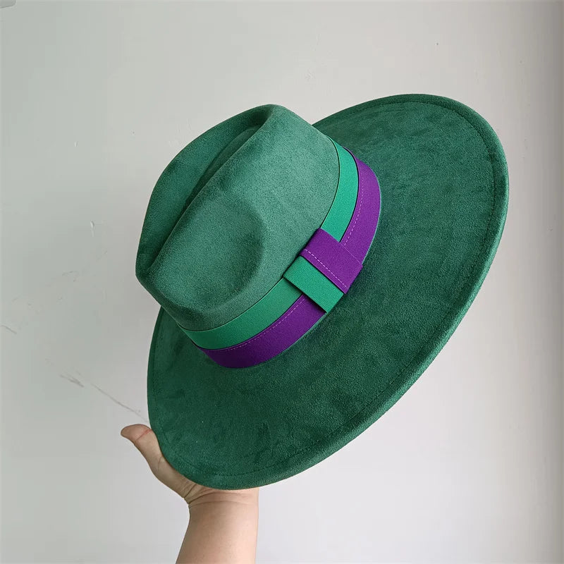 Colorblock Ribbon Colorful Suede Hat Autumn and Winter Women's Felt Hat Wide Brim Hat British Style Retro Men's Gorras Hombre
