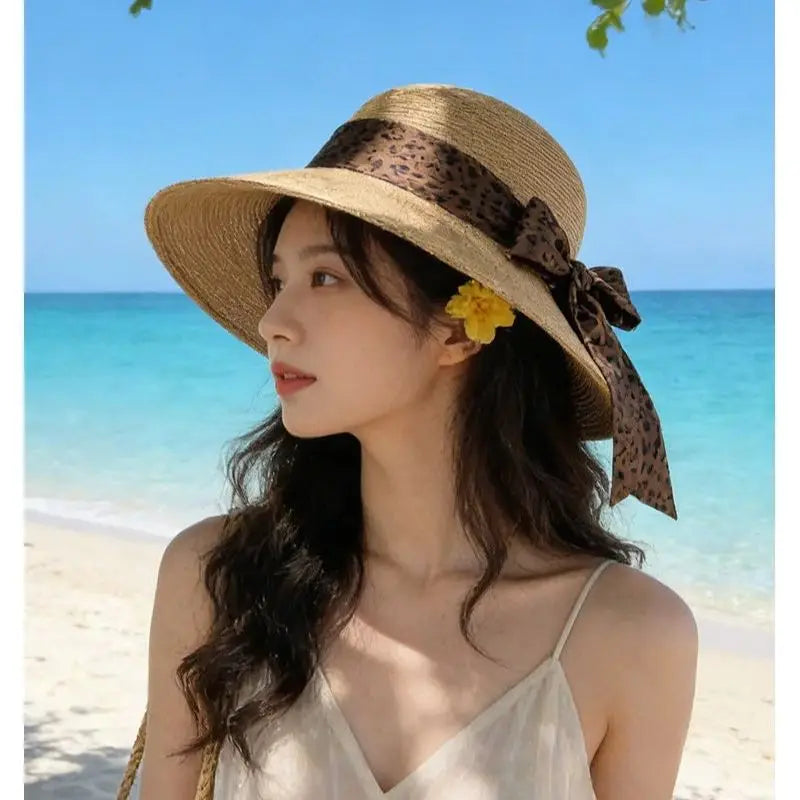 Leopard Print Bow Straw Hat – Beach and Seaside Holiday Hat for Women: Summer Outdoor Sun Hat for Sun Protection