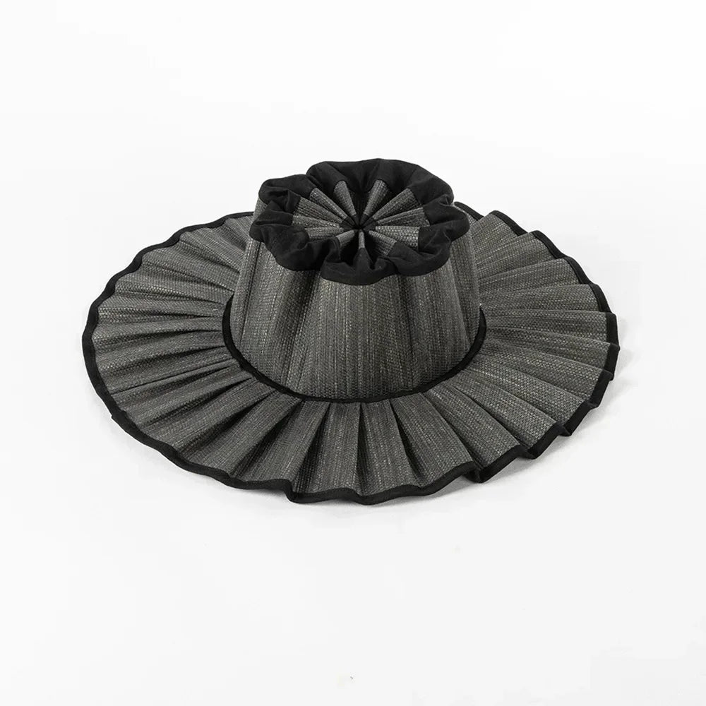 Y2K Parent-Child Summer Reversible Pleated Sun Hats for Women Casual Straw Hat Outdoor Beach Shade Straps Lady Gorras Para Mujer