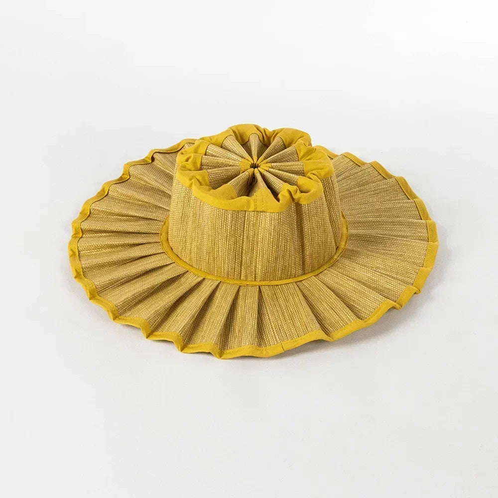 Y2K Parent-Child Summer Reversible Pleated Sun Hats for Women Casual Straw Hat Outdoor Beach Shade Straps Lady Gorras Para Mujer