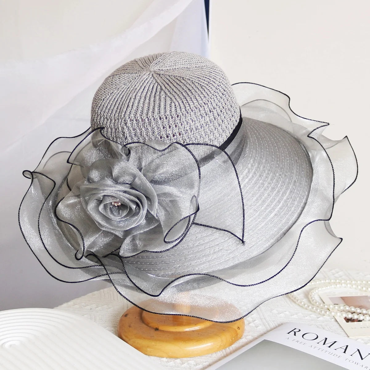 Elegant Summer Women's Sun Hat Breathable Organdy Material Foldable Design Woven Top Flower Decoration