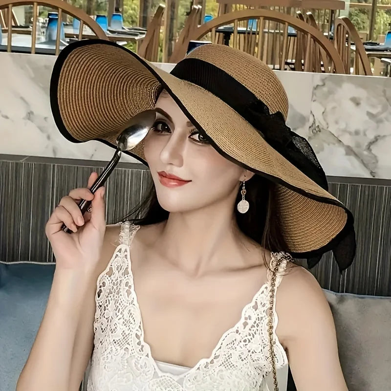 1pc outdoor Seaside woman fashion big Bow large brimmed Sun Protection Cap Foldable Straw Hat