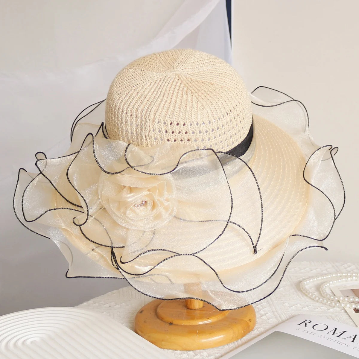 Elegant Summer Women's Sun Hat Breathable Organdy Material Foldable Design Woven Top Flower Decoration