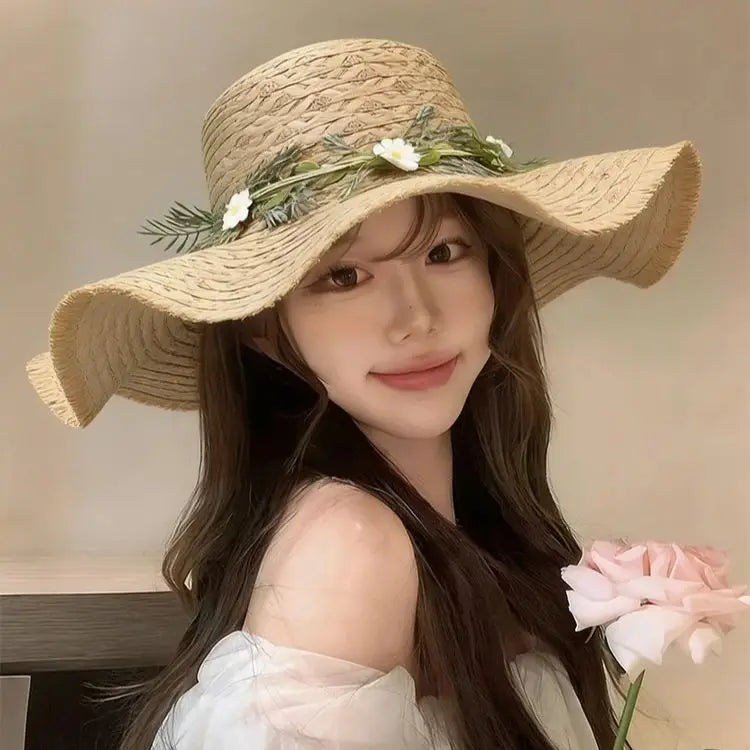 Women's Summer Rustic Daisy Wreath Straw Hat – Versatile Wide-Brimmed Sun Hat for Outings and Holidays